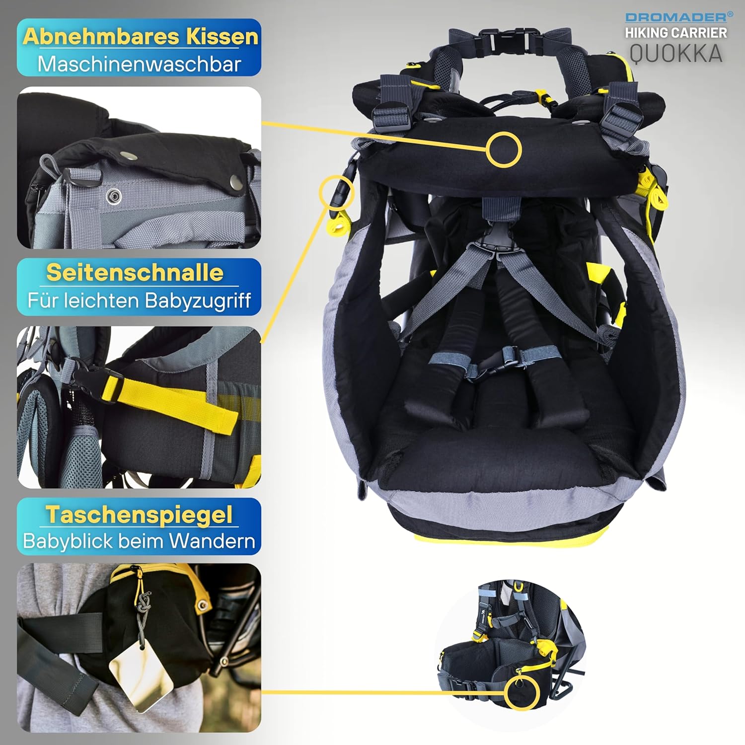 Dromader Kraxe Kindertrage bis 22kg – Kindertrage Wandern mit Sonnendach, Regenschutz, Thermotasche, Wickelmatte – Einhändig klappbare Rahmen – Blau