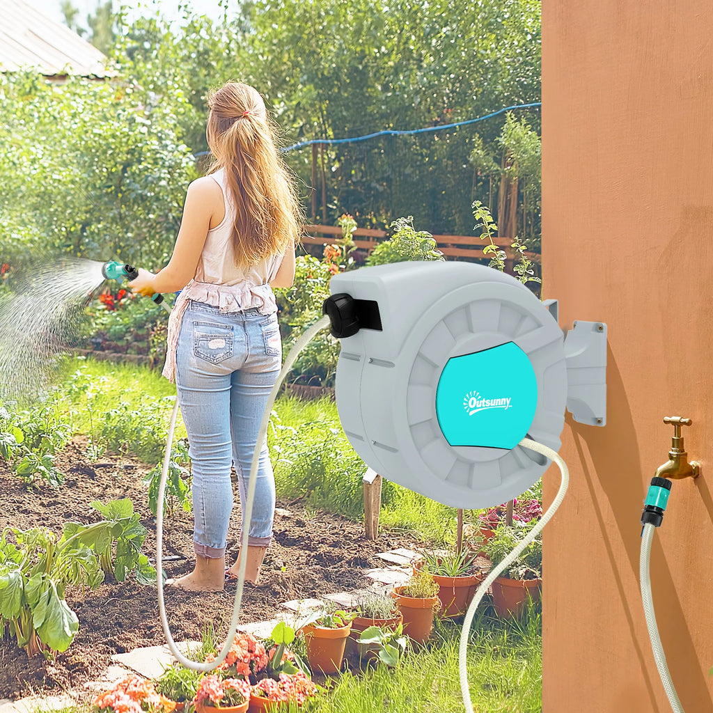 Avvolgitubo Outsunny con Tubo da Giardino 30m Automatico 7 Funzioni Spray