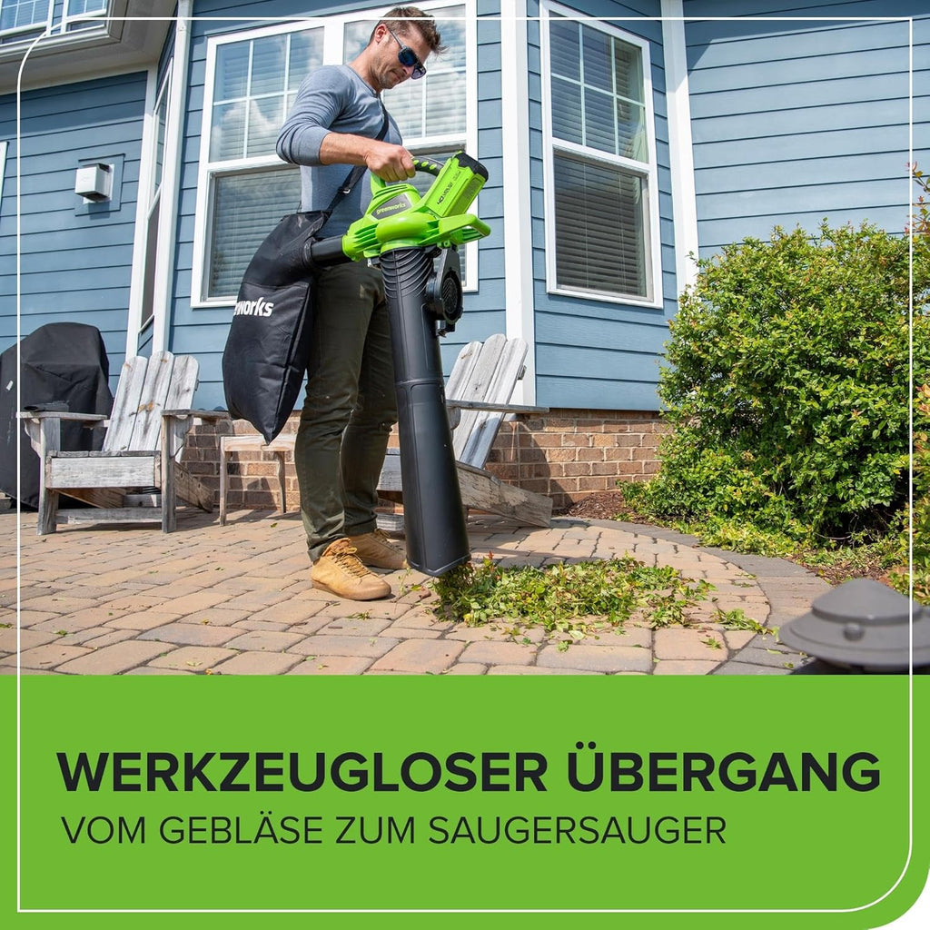 Greenworks 40V Soffiatore Assiale a Batteria con Cruise Control, 177 km/h, 11,05 m³/min, Sacco di Raccolta da 45L, due Batterie da 2Ah e Caricabatterie, 3 Anni di Garanzia GD40BVK2X