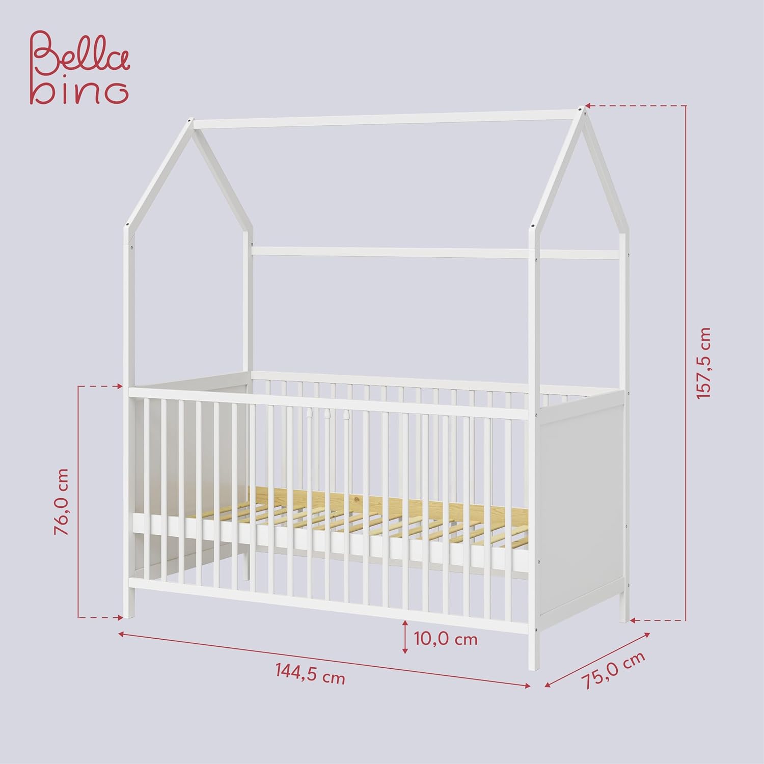 Bellabino Nika Lettino a capanna 70 x 140 cm, letto con sbarre e lettino a capanna per bambini e neonati in pino massiccio bianco, regolabile in altezza su 3 posizioni, incl. rete a doghe