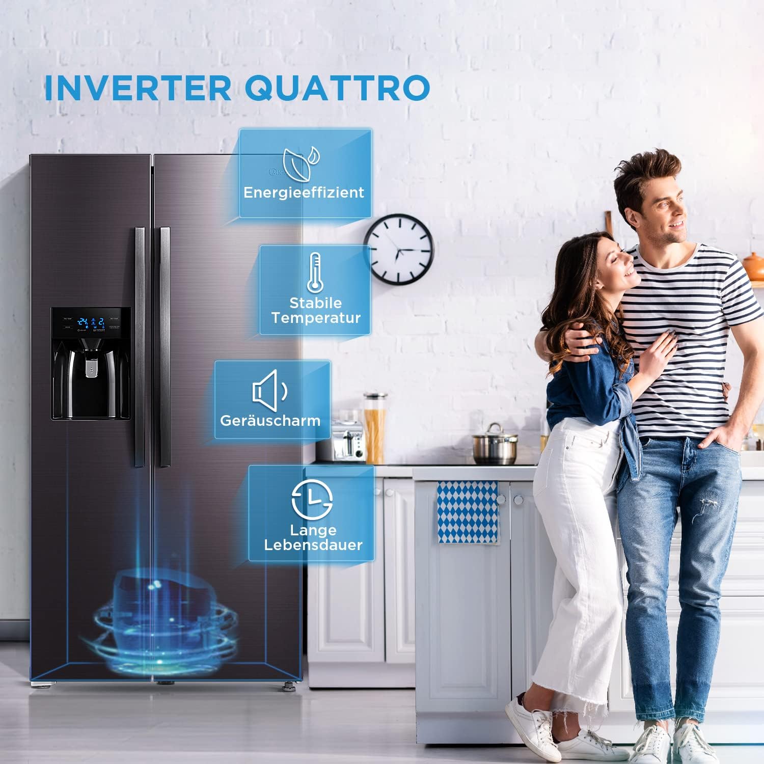 Midea KS-DDX 6.32 WT Frigorifero Side-by-Side con Congelatore/Altezza 178,8 cm/254 kWh/anno/No Frost/Compressore Dual Inverter/con Distributore di Acqua e Ghiaccio 3-in-1 e Serbatoio d'Acqua, Inox Scuro