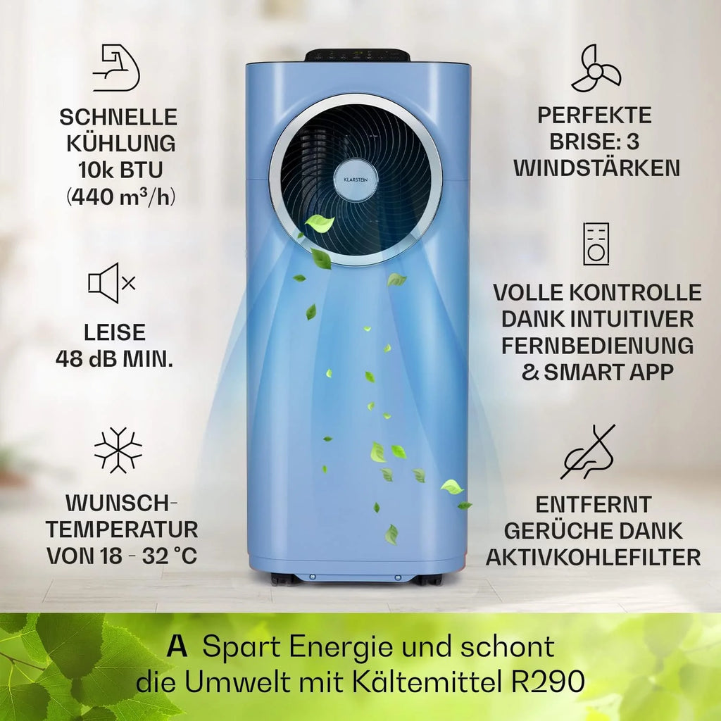 Klarstein Condizionatore Portatile 5-in-1 con Tubo di Scarico, Ventilatore, Deumidificatore, Purificatore d'Aria e Modalità Notturna, Controllo tramite App, Piccolo e Portatile, per Casa e Ufficio, 12000 BTU