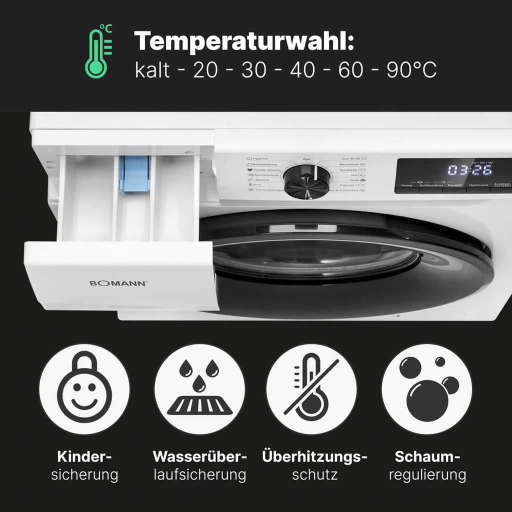 Bomann Lavatrice 7kg | max. 1400 giri/min | 10 anni di garanzia sul motore | motore inverter efficiente, silenzioso e durevole | 15 programmi | preselezione dell'ora di fine | display LED | WA 7175 bianca