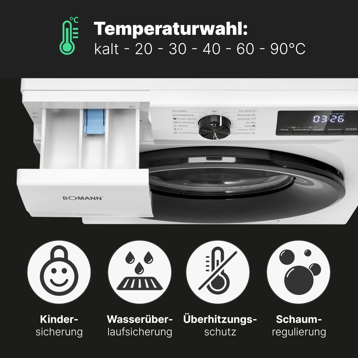Bomann Lavatrice 7kg | max. 1400 giri/min | 10 anni di garanzia sul motore | motore inverter efficiente, silenzioso e durevole | 15 programmi | preselezione dell'ora di fine | display LED | WA 7175 bianca