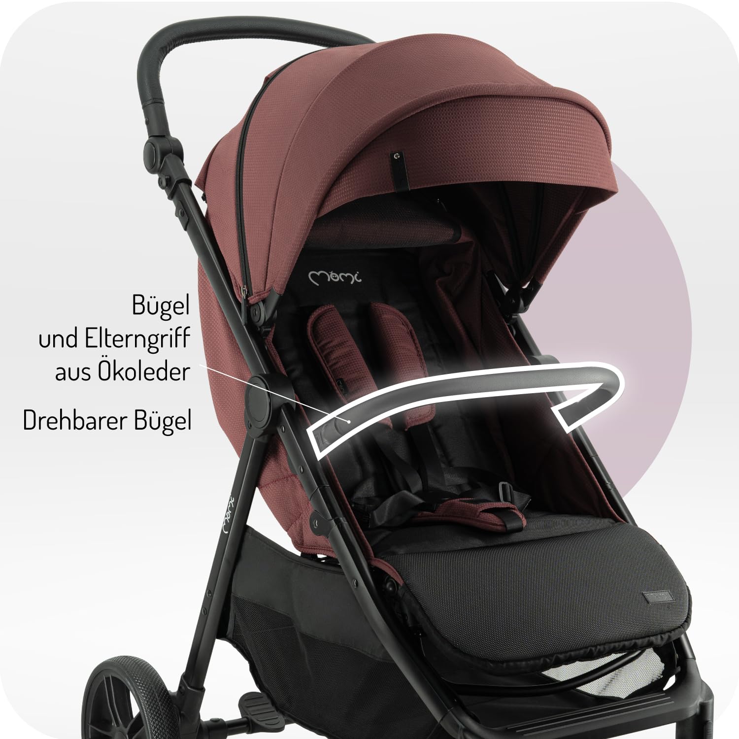 MoMi Passeggino CLARA, Passeggino dai 6 mesi in su, fino a 22 kg di peso corporeo, cintura di sicurezza a 5 punti, sacco coprigambe, portabicchieri, cestino della spesa, borsa per il cambio, zanzariera e parapioggia