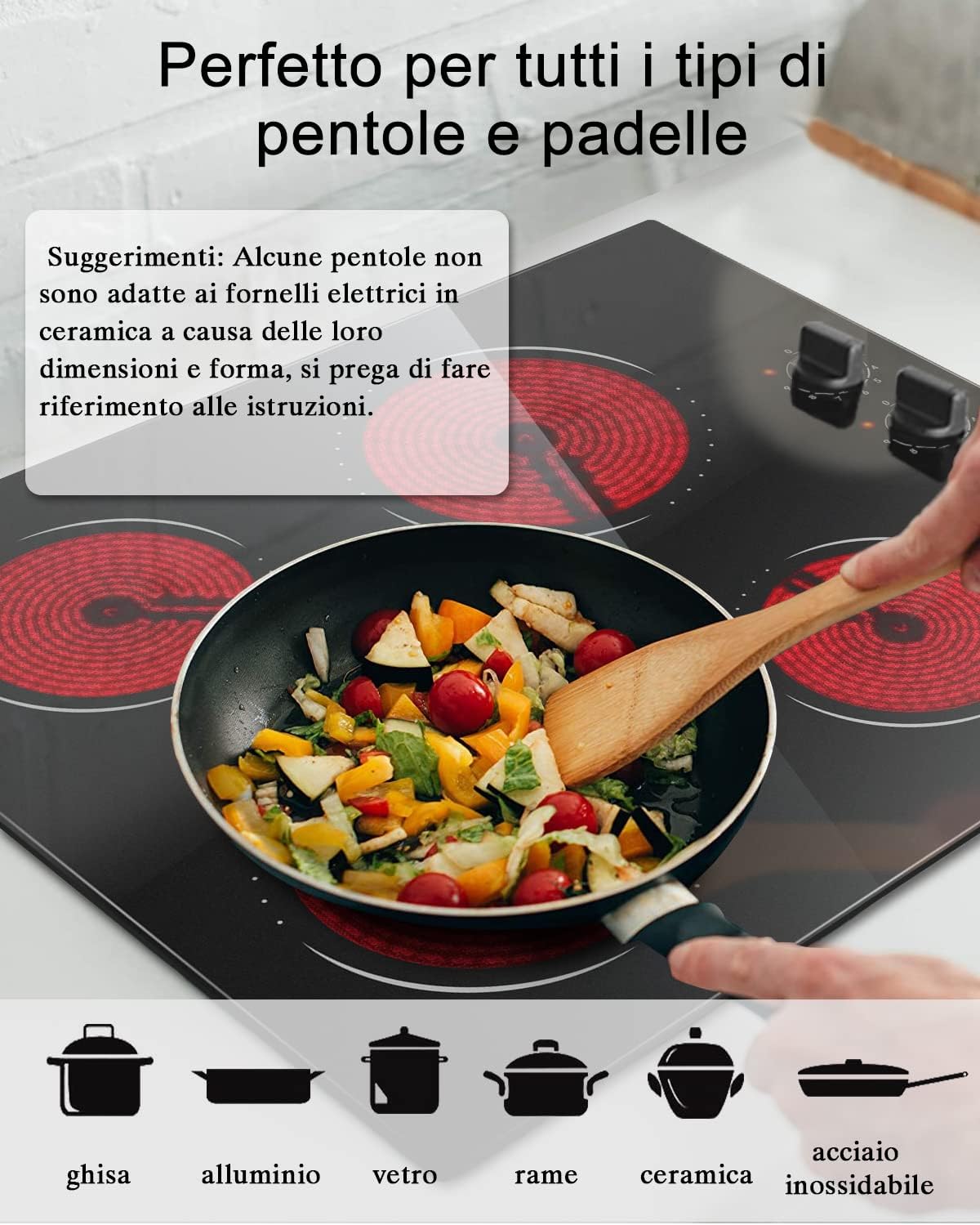 Piano cottura in vetroceramica a 4 zone, sensore touch, controllo autonomo, 60cm, 6000W, 9 livelli di potenza, cablato, senza spina