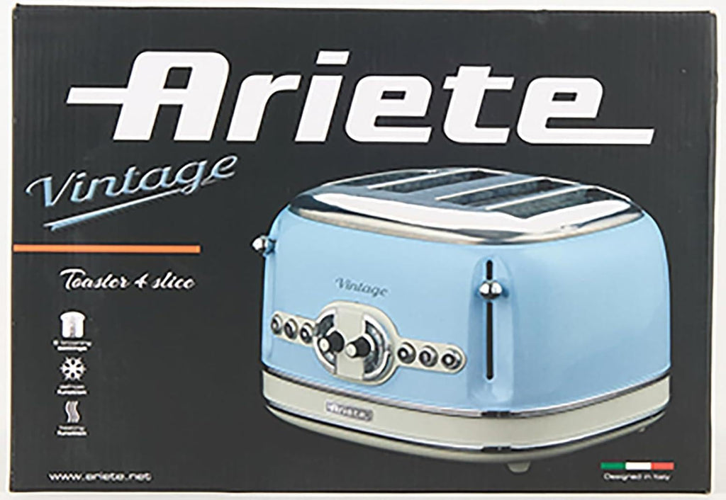 Ariete Vintage 156, 4-Scheiben-Toaster, Retro Toaster mit 6 Toaststufen, Automatischer Auswurf, Auftaufunktion, Herausnehmbares Krümelfach, Gehuse aus Edelstahl, 1600W, Beige