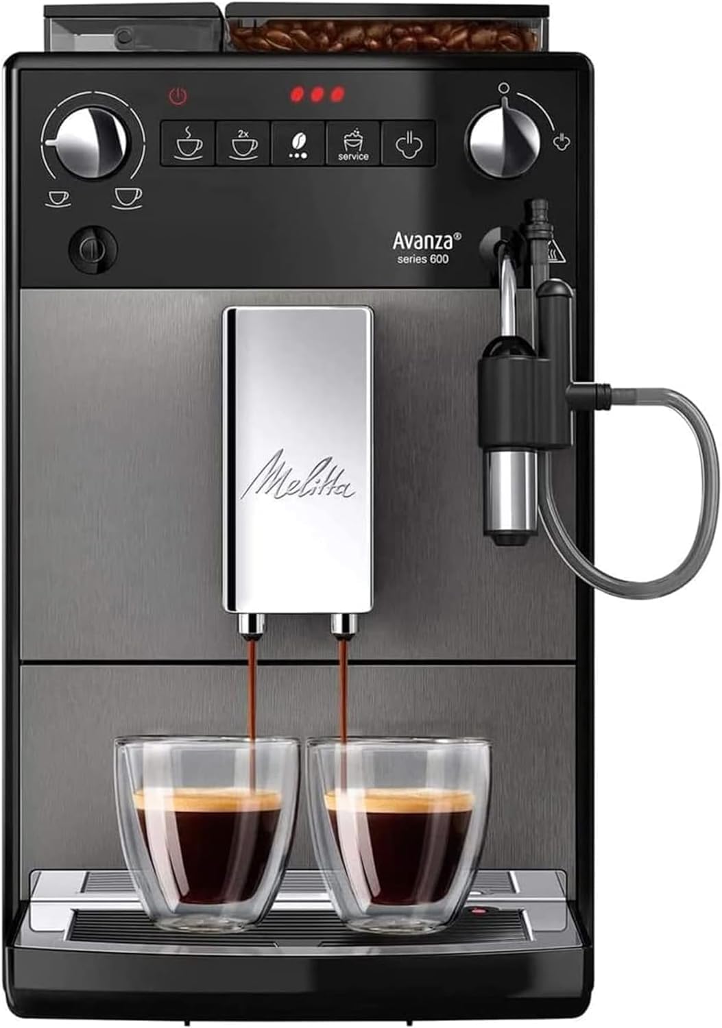 Melitta Avanza - Kaffeevollautomat mit Milchsystem, Kaffeemaschine mit Mahlwerk und extragroßem Wassertank (1,5 l) für z. B. Cappuccino oder Espresso, mystic titan