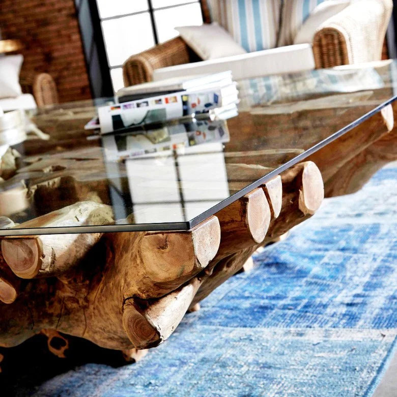 Tavolino da salotto in radice di legno NAGA 150cm x 150cm con piano in vetro