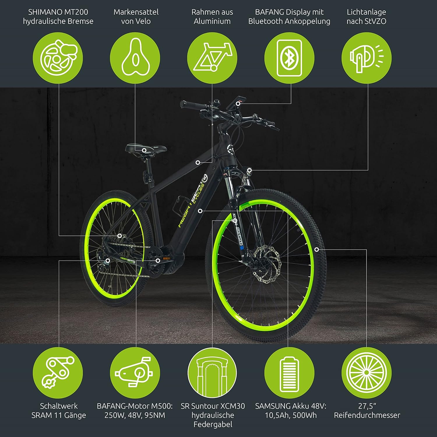 Highphoria Bici Elettrica Adulti, E-Bike 250W 25 km/h con Batteria, Motore Potente, Cambio a Catena, E-Mountain Bike con Forcella Ammortizzata Idraulica Pedelec per Uomo e Donna