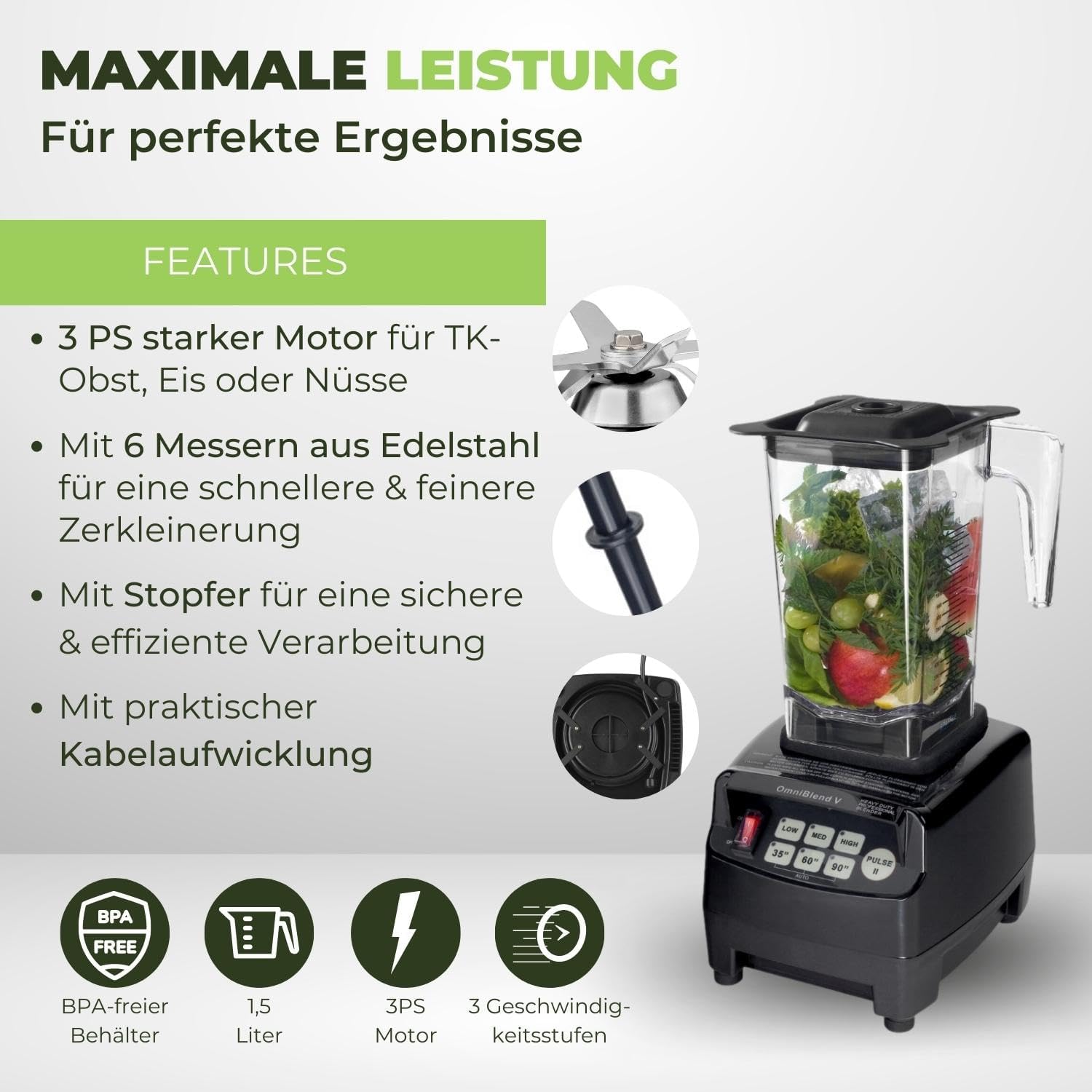 OmniBlend Frullatore 2L nero I Frullatore per smoothie con contenitore senza BPA e sistema a 6 lame in acciaio inox I Frullatore ideale per smoothie verdi I Frullatore da tavolo con motore da 3 CV