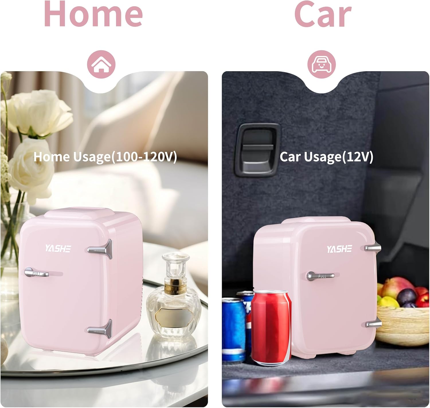 YASHE Mini Fridge, 4 Litre Mini Refrigerators for Cosmetics, Drinks, 220 V AC/12 V DC Thermoelectric Cooling and Heating, Small Fridge for Bedroom, Office, Dorm, Car (Pink)