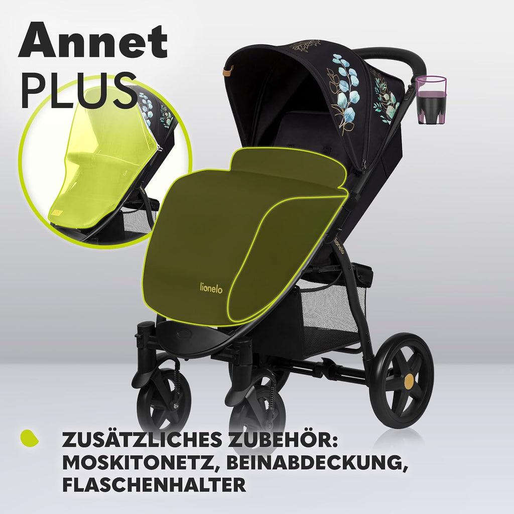 LIONELO Annet Buggy fino a 22 kg con funzione reclinabile, passeggino compatto richiudibile con accessori, ruote in schiuma EVA, zanzariera, coprigambe, portabevande, cestino (Golden Moments, Tour)