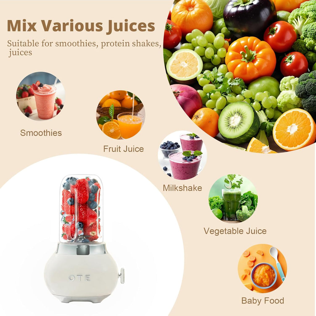 OTE Tragbarer Persnlicher Standmixer, Glasmixer Juicer, Edelstahlgehuse und 400 ml dickes Borosilikatglas-Design Standmixer Mini Blender, 20.000 U/min, Geeignet für Sfte, Reisen, BPA-Free, Wei