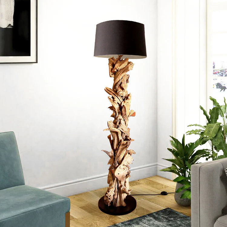 Piantana in legno di recupero CLEON | Altezza 165 cm | Paralume nero