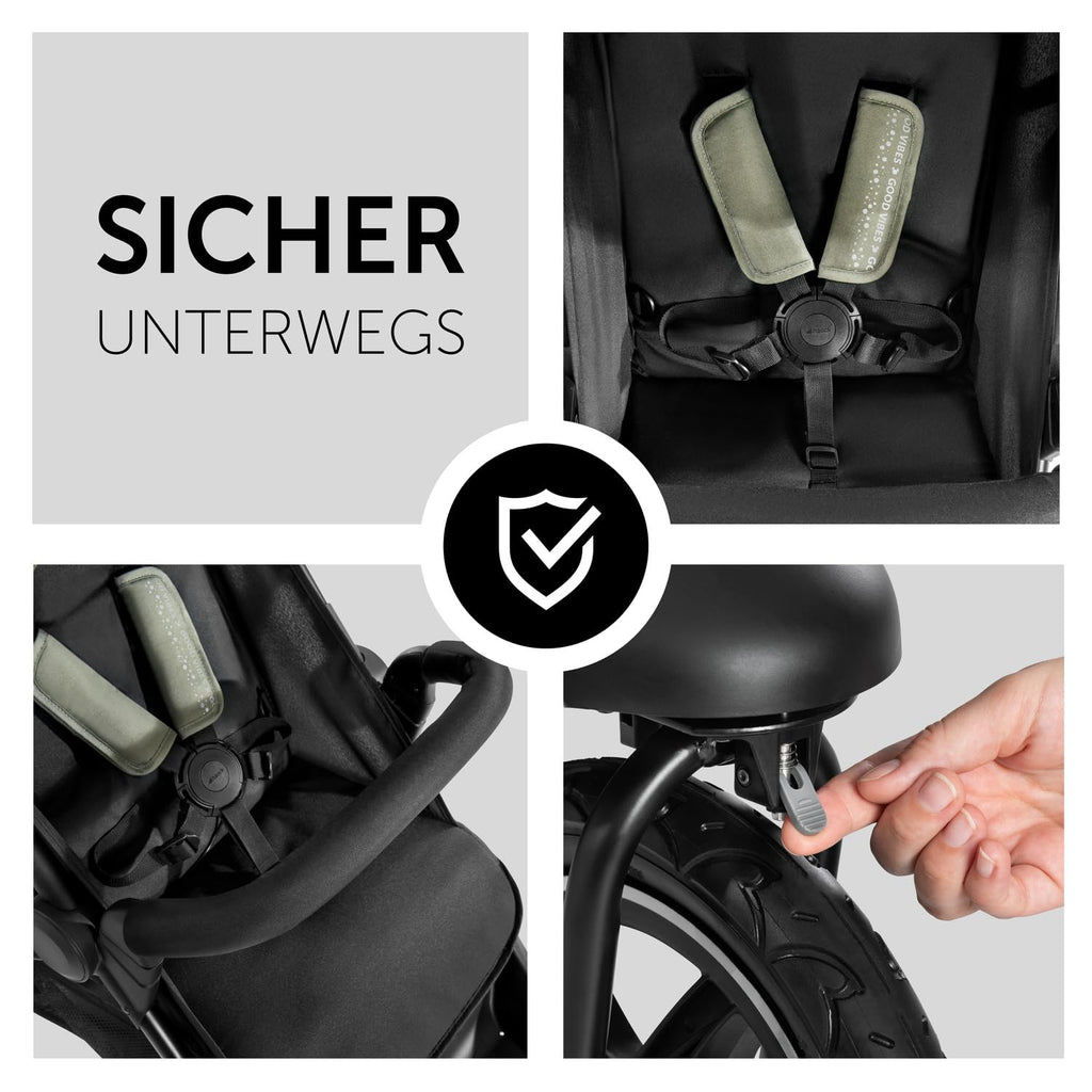 hauck Passeggino Runner 2, Passeggino a tre ruote con ruote pneumatiche XL per bambini fino a 22 kg, Protezione UV 50+, Finestra di ventilazione, Regolabile in altezza, Pieghevole, Cestino XL fino a 3 kg, Funzione reclinabile (Nero)
