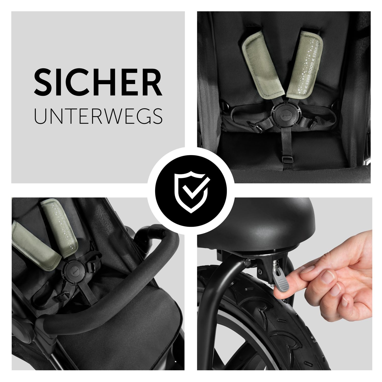 hauck Passeggino Runner 2, Passeggino a tre ruote con ruote pneumatiche XL per bambini fino a 22 kg, Protezione UV 50+, Finestra di ventilazione, Regolabile in altezza, Pieghevole, Cestino XL fino a 3 kg, Funzione reclinabile (Nero)
