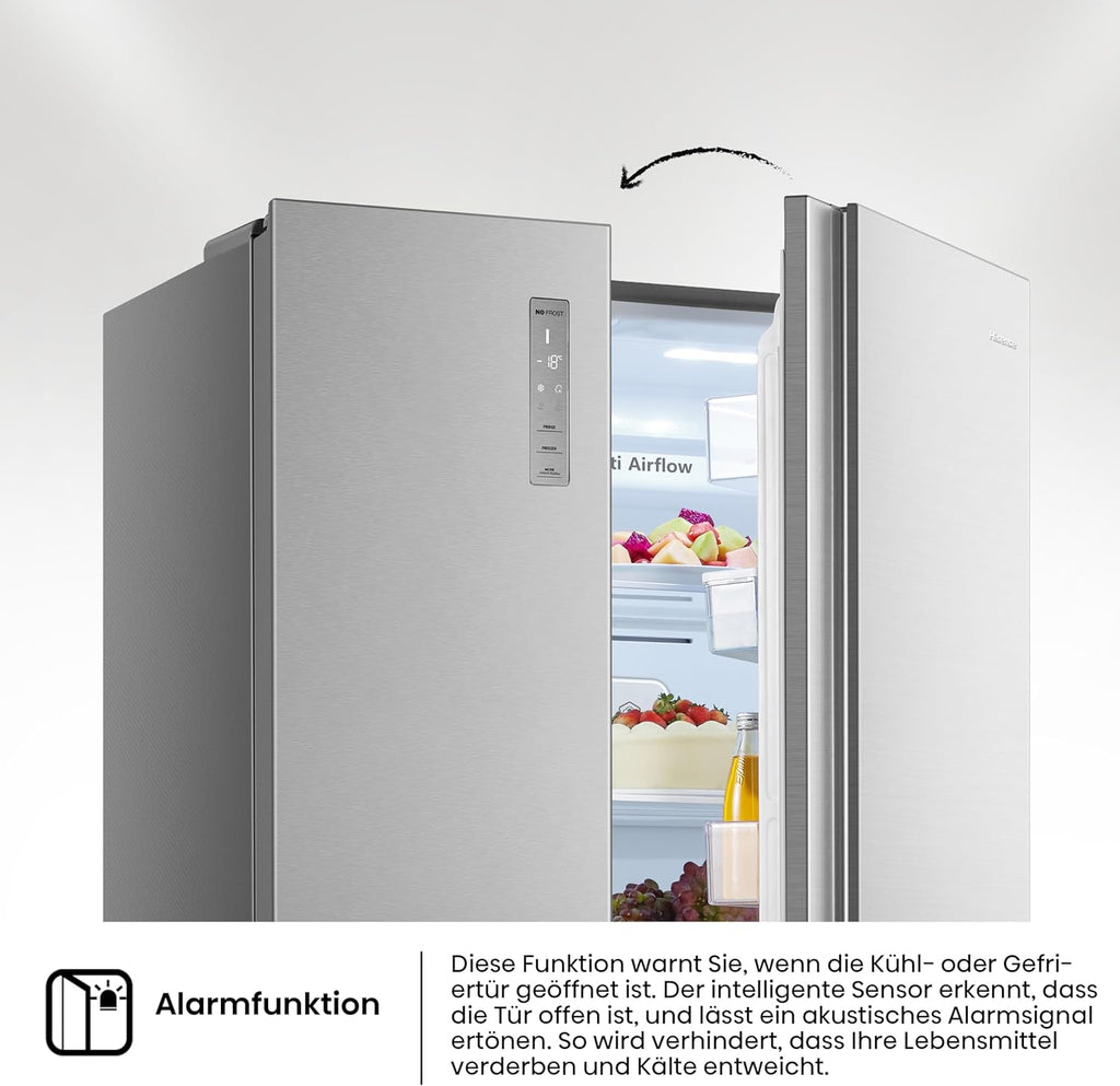 Hisense RS677N4BFD Frigorifero Americano Side by Side / Compressore Inverter / Porta Bottiglie / 2 FreshZone / Vano Verdure / Capacità Frigo 334 L / Capacità Congelatore 185 L / 41 dB / 247 kWh all'anno, Nero
