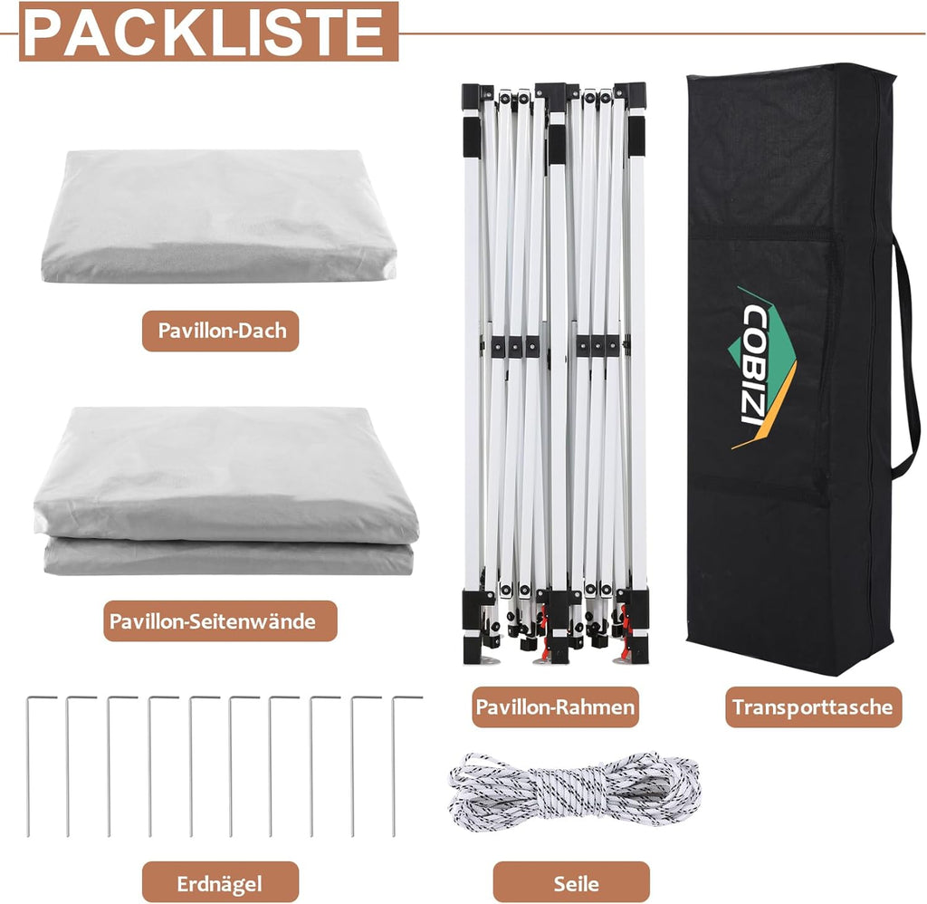 COBIZI Gazebo Pieghevole 3x6 Impermeabile Stabile con 6 Pareti Laterali, Tenda a Padiglione con Tetto a Punta, 3 Altezze Regolabili, Protezione UV, Borsa per Il Trasporto, Picchetti, Corde per Giardino, Matrimoni, Mercati, Eventi all'Aperto