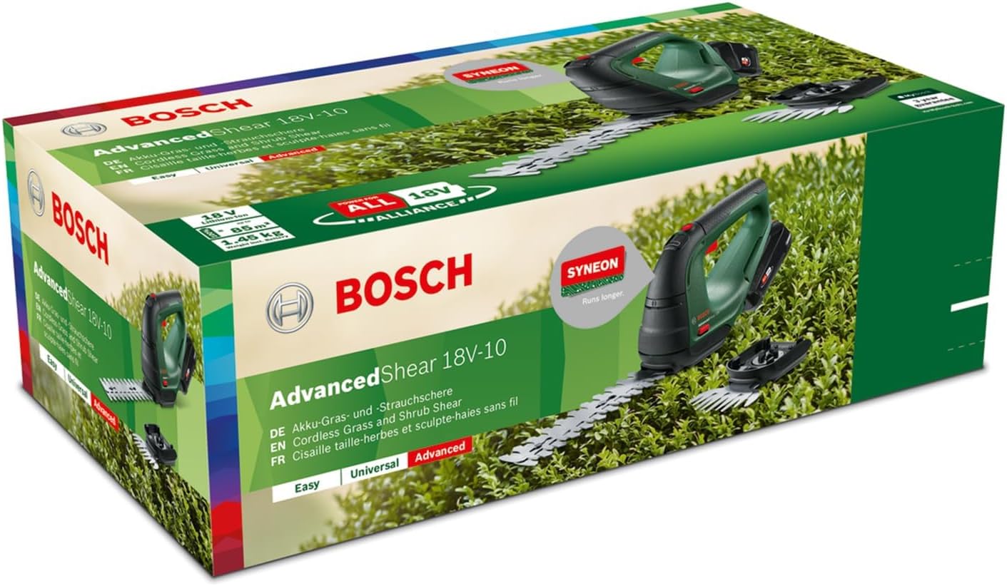 Bosch Akku Grasschere AdvancedShear 18V-10 (1 Akku 2,0 Ah, 18-Volt-System, schneidet bis zu 85 m pro Akkuladung, mit Strauch- und Grasscherenmesser, im Karton)