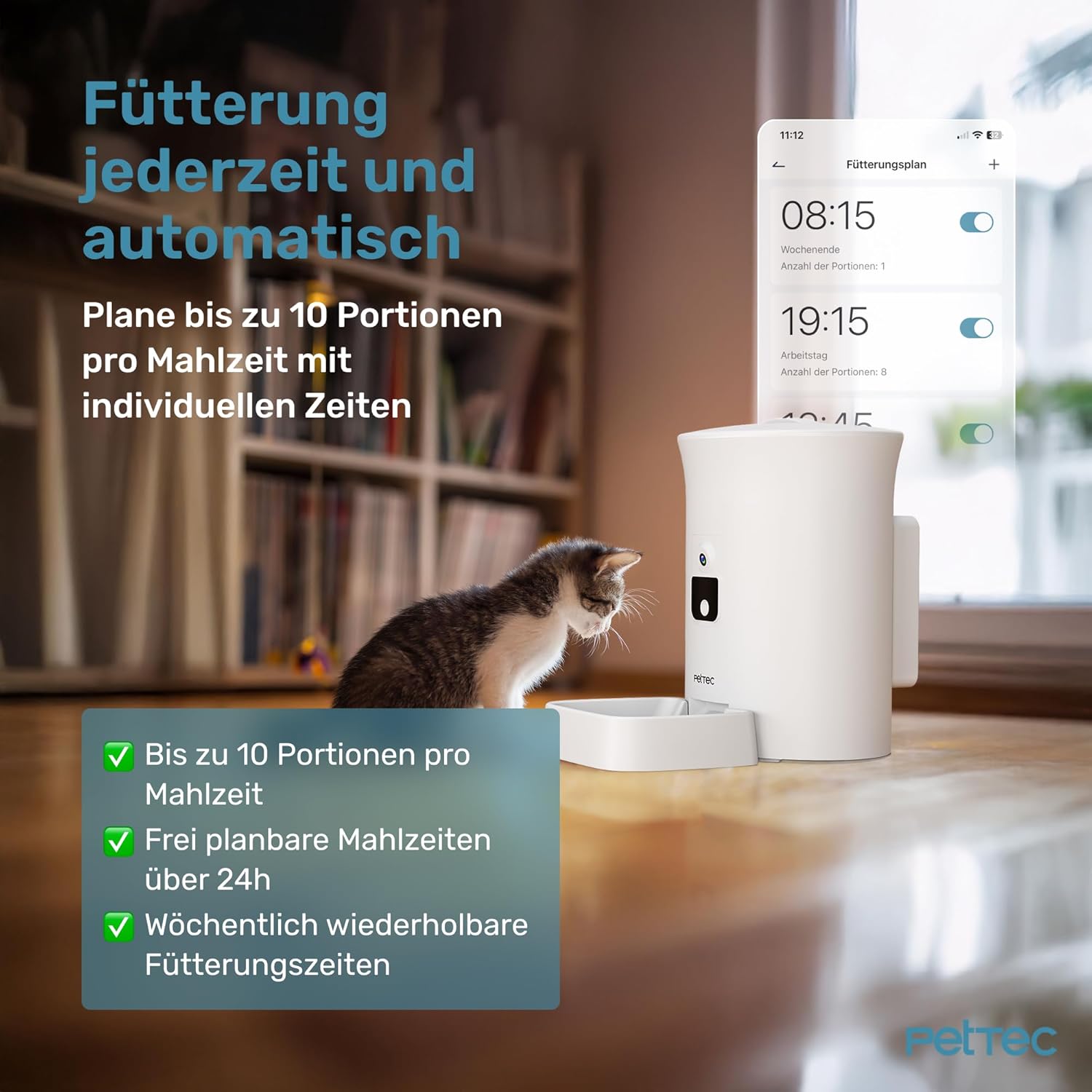 PetTec – Pet Cam Buddy Haustierkamera Futterautomat 8L für Katzen- & Hunde-Trockenfutter – Automatischer Futterspender mit WLAN & App-Steuerung -Inkl. 2-Wege-Audio, Bellerkennung & Nachtsicht
