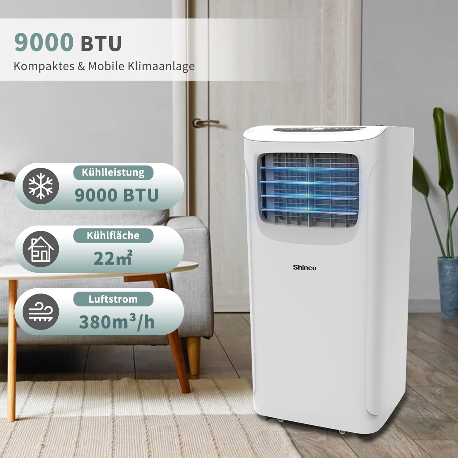 SHINCO Condizionatore Portatile con Tubo di Scarico, Climatizzatore 3-in-1 con Deumidificatore e Ventilatore, 7000BTU, 2,05 kW, Condizionatore Mobile con Modalità Notturna, Timer e Materiale di Montaggio, Ambienti Fino a 54m