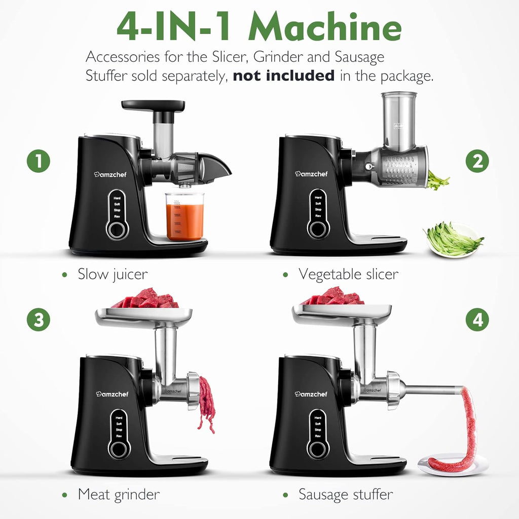 AMZCHEF Estrattore di Succo per Frutta e Verdura con 2 Modalità di Velocità - Slow Juicer con Bottiglia Portatile e 2 Tazze - Cold Press Juicer Senza BPA con LED Intelligente e Funzione di Inversione - Nero