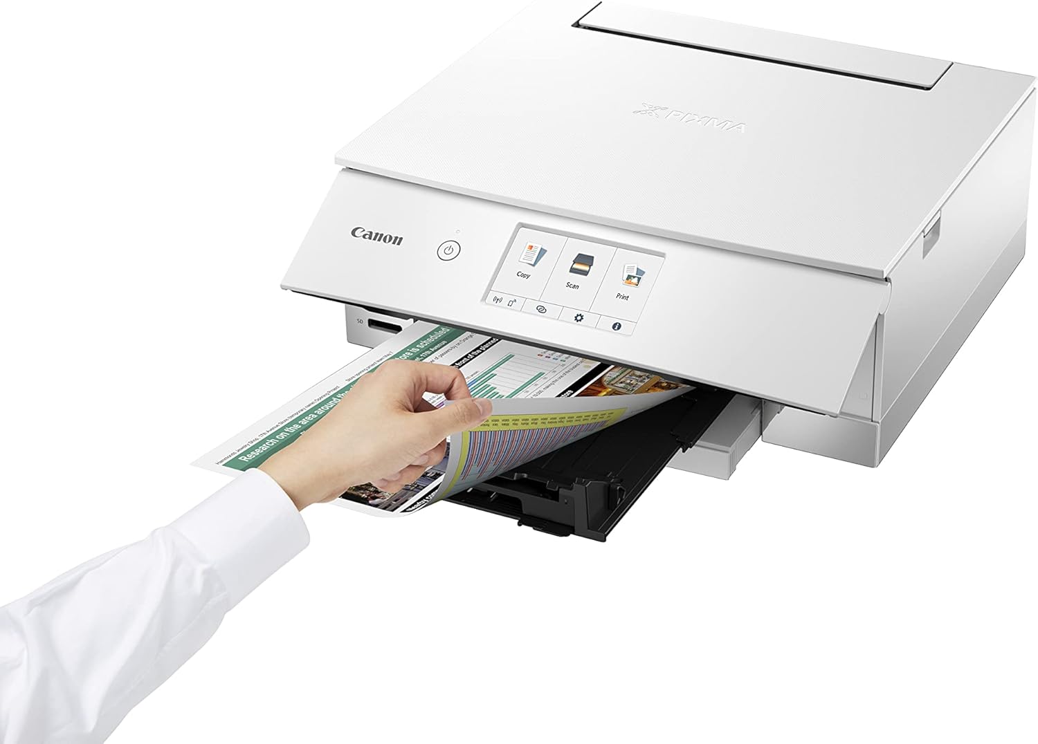 Canon PIXMA TS8351a Stampante multifunzione a getto d'inchiostro a colori DIN A4 (scanner, fotocopiatrice, 4.800 x 1.200 dpi, 6 inchiostri separati, USB, WLAN, AirPrint, stampa fronte/retro, 2 alimentatori carta, 5 GHz), bianco