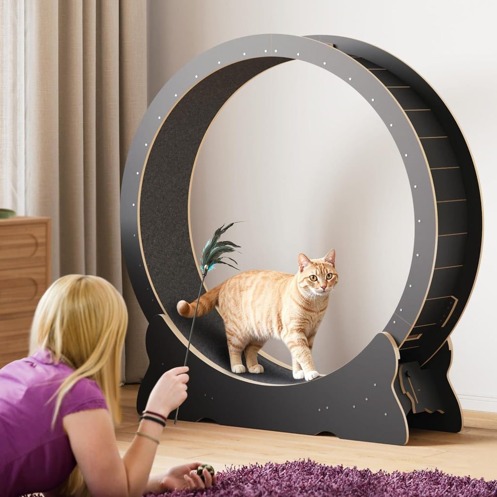 Mondeer Ruota per gatti da interno, tapis roulant da 110 cm con tappeto rimovibile, ruota da corsa in legno per gatti di taglia piccola, media e grande, attrezzo per fitness e perdita di peso, nero