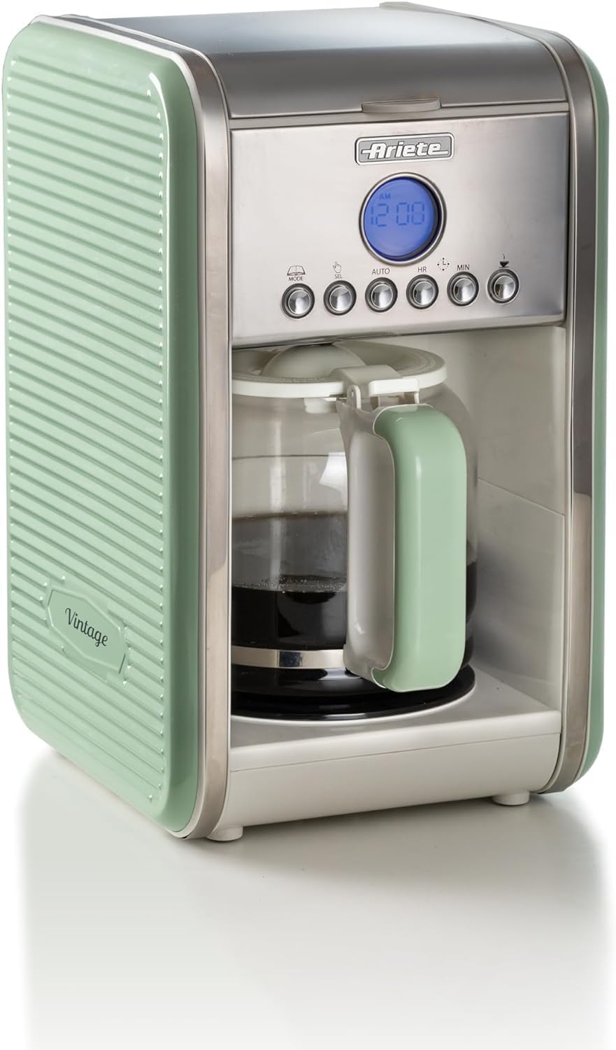 Ariete Vintage 1342 Macchina da Caffè Americano Retrò, Caraffa in Vetro Temperato, Fino a 12 Tazze, Timer 24 Ore, Spegnimento Automatico, Funzione Anti-Goccia, Piastra Riscaldante, Capacità 1.5 L, 2000 W, Verde