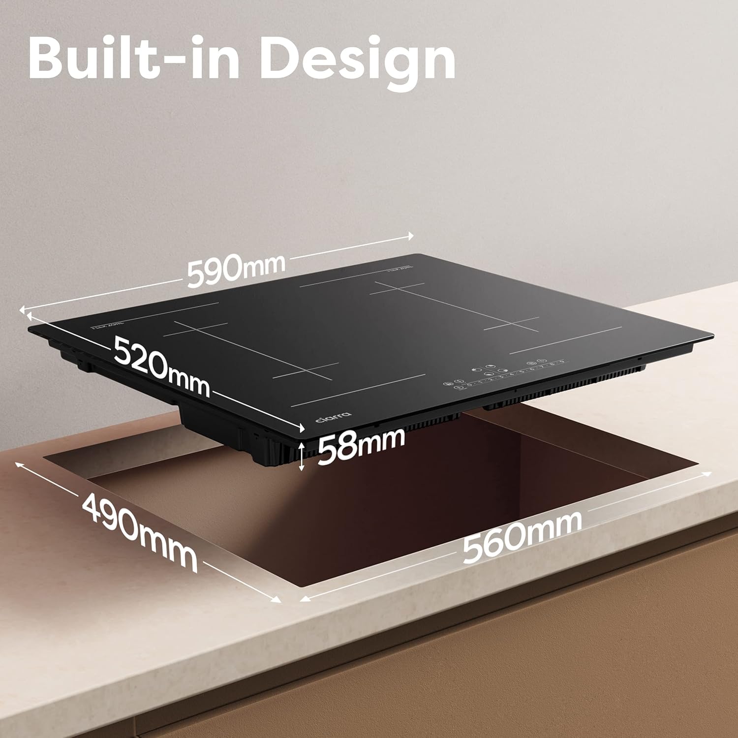 CIARRA CBBIH4B Piano Cottura a Induzione da Incasso a 4 Zone con Power Booster, Controllo Touch, 4 Piastre, 9 Livelli di Potenza, 60 cm (7.200 W)