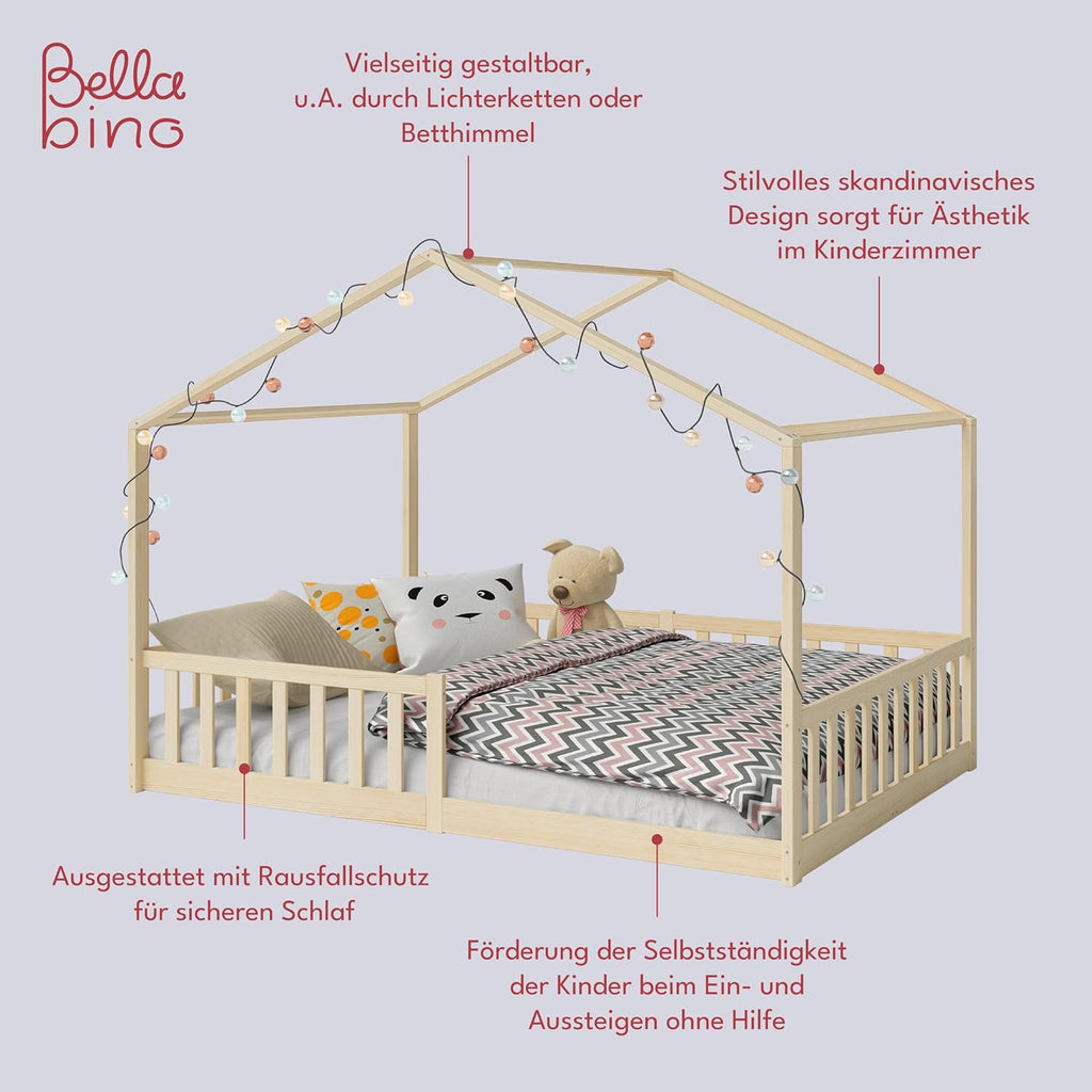 Bellabino Lettino per bambini Bia 140x200 cm, letto a capanna per bambini con protezione anticaduta e rete a doghe arrotolabile, letto a terra Montessori bianco in legno massello di pino