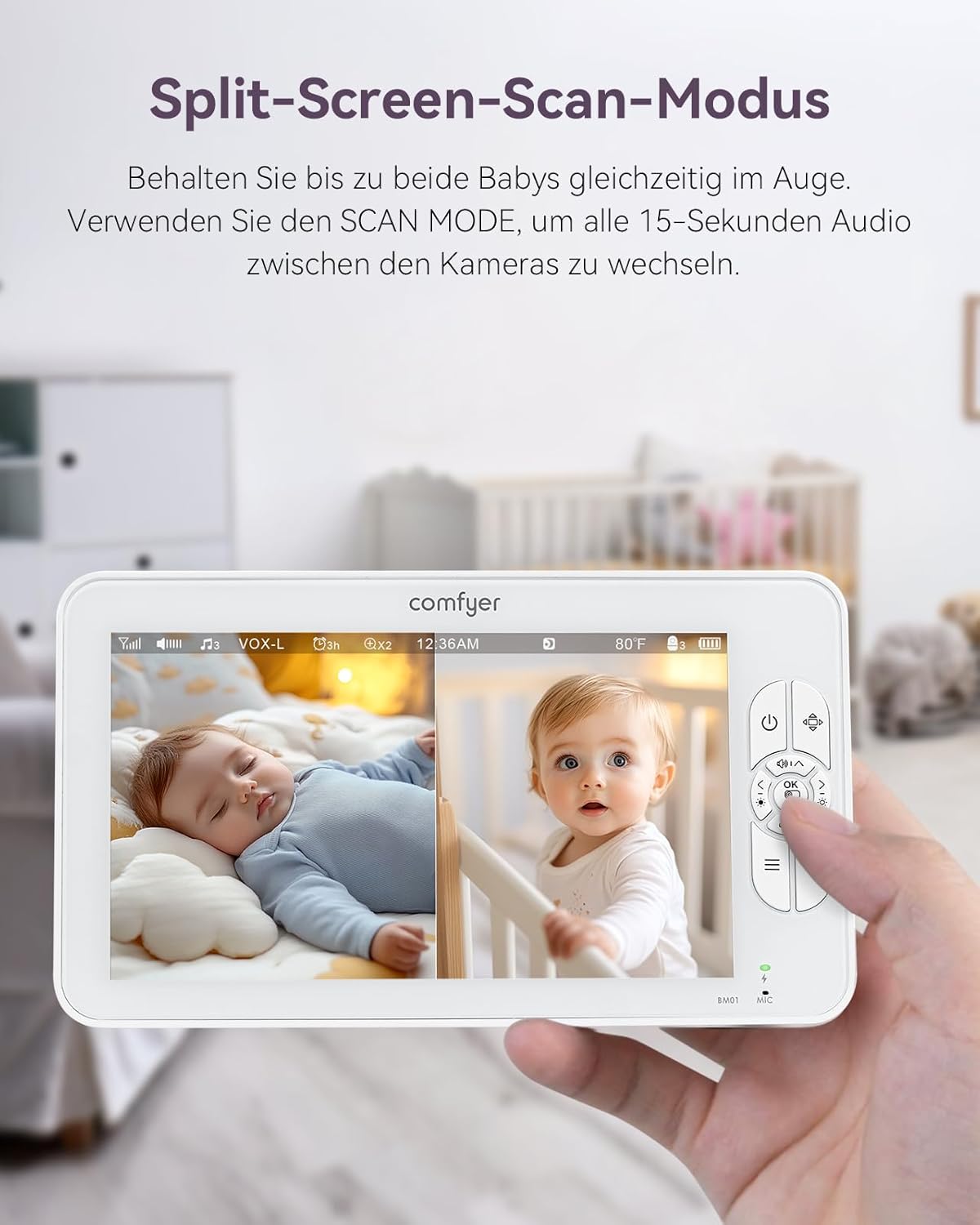 Comfyer Baby Monitor Video Split-Screen con 2 Telecamere, 7" HD 720P Telecamera Nido Wireless con Staffa, Visione Notturna IR, Obiettivo Grandangolare, Modalità Vox, Audio a 2 Vie, Portata di 300 Metri