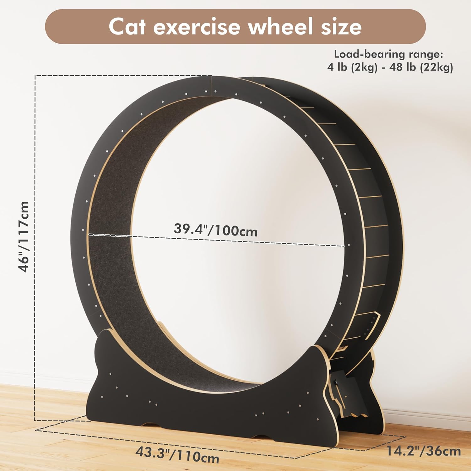 Mondeer Ruota per gatti da interno, tapis roulant da 110 cm con tappeto rimovibile, ruota da corsa in legno per gatti di taglia piccola, media e grande, attrezzo per fitness e perdita di peso, nero