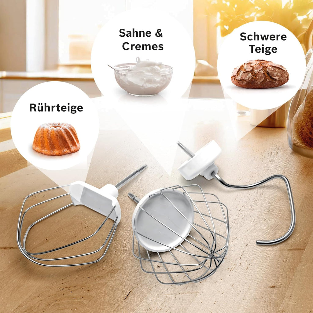 Bosch Robot da cucina Serie 4 MUM56340, Ciotola 3,9 L, Frullatore 1,25 L, Tritacarne, Spremiagrumi, Movimento planetario, Gancio impastatore, Frusta, Sbattitore, Taglierino continuo, 3 dischi, 900 W, Argento/ Grigio