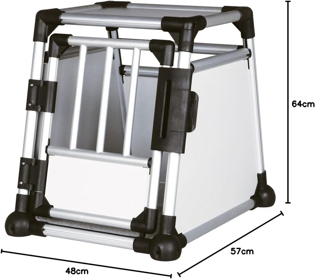 TRIXIE Hunde-Transportbox Aluminium in silber – M: 55 × 62 × 73 cm, stabile und geräuscharme Hundebox mit abgeschrägten Seiten, Sicherheitsverschluss & rutschfester Liegematte – 39342