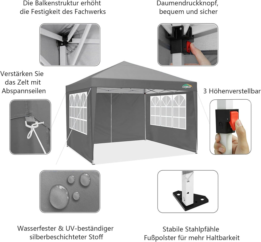 COBIZI Gazebo Pieghevole 3x6 Impermeabile Stabile con 6 Pareti Laterali, Tenda a Padiglione con Tetto a Punta, 3 Altezze Regolabili, Protezione UV, Borsa per Il Trasporto, Picchetti, Corde per Giardino, Matrimoni, Mercati, Eventi all'Aperto