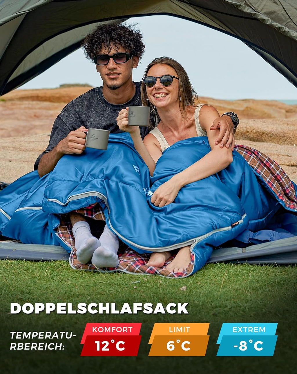 KingCamp Doppelschlafsack Flanell, Schlafsack 2 Personen, Schlafsack 3-4 Jahreszeiten, wasserfest, warm und komfortabel, verpackbar Schlafsack Outdoor