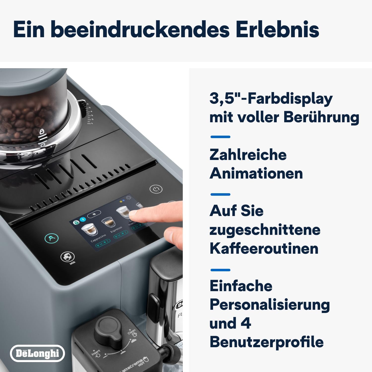 De'Longhi Rivelia EXAM440.35.BG Macchina da caffè automatica con lancia vapore, contenitore chicchi intercambiabile, 8 bevande a base di caffè one-touch, funzione Extra Shot, display touch da 3,5 pollici, Beige