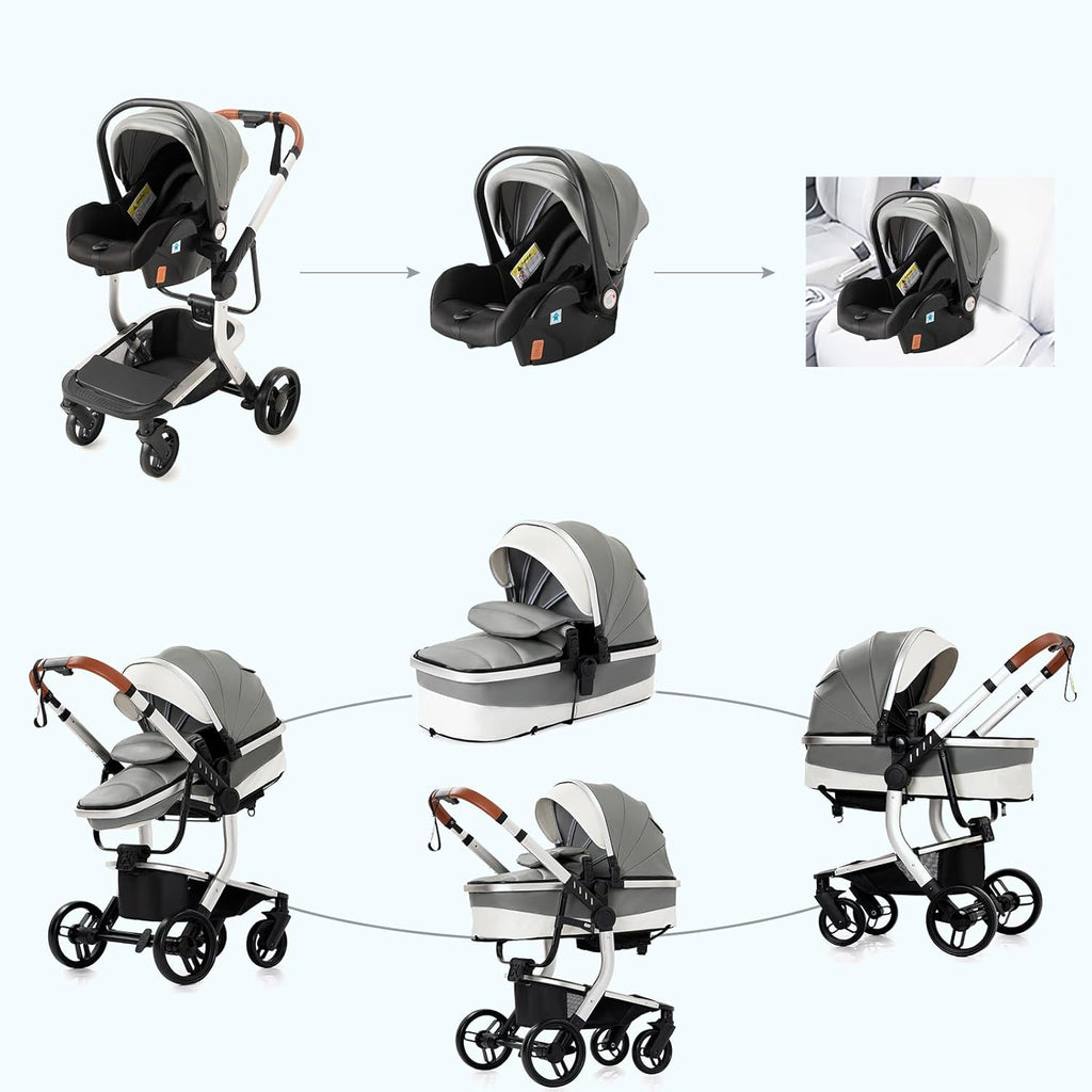Sianldcone Passeggino 3 in 1, Set Passeggino con Tessuti di Alta Qualità, Sistemi di Viaggio con Spinta Reversibile, Passeggino Combinato a Vista Aperta Set Completo 3 in 1 (V9 Cachi)