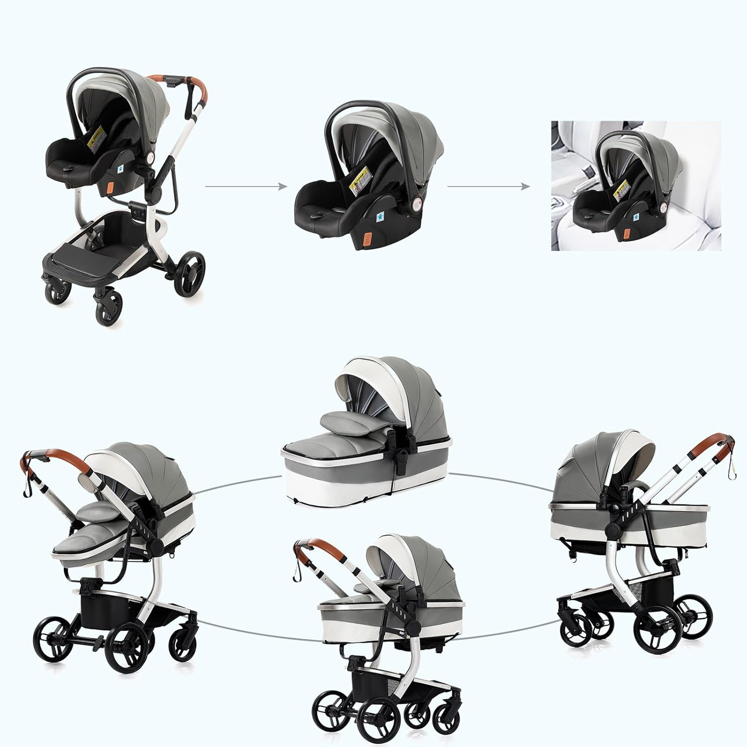 Sianldcone Passeggino 3 in 1, Set Passeggino con Tessuti di Alta Qualità, Sistemi di Viaggio con Spinta Reversibile, Passeggino Combinato a Vista Aperta Set Completo 3 in 1 (V9 Cachi)