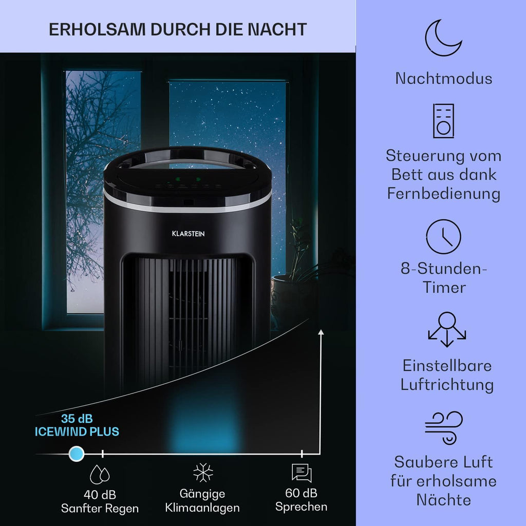 Klarstein Raffreddatore d'aria con Raffreddamento ad acqua, Raffrescatore Evaporativo Silenzioso 4-in-1, Umidificatore, Ventilatore e Modalità Notte, Raffrescatore Evaporativo Portatile 7L, 65W Air Cooler, Flusso d'aria di 330m³/h