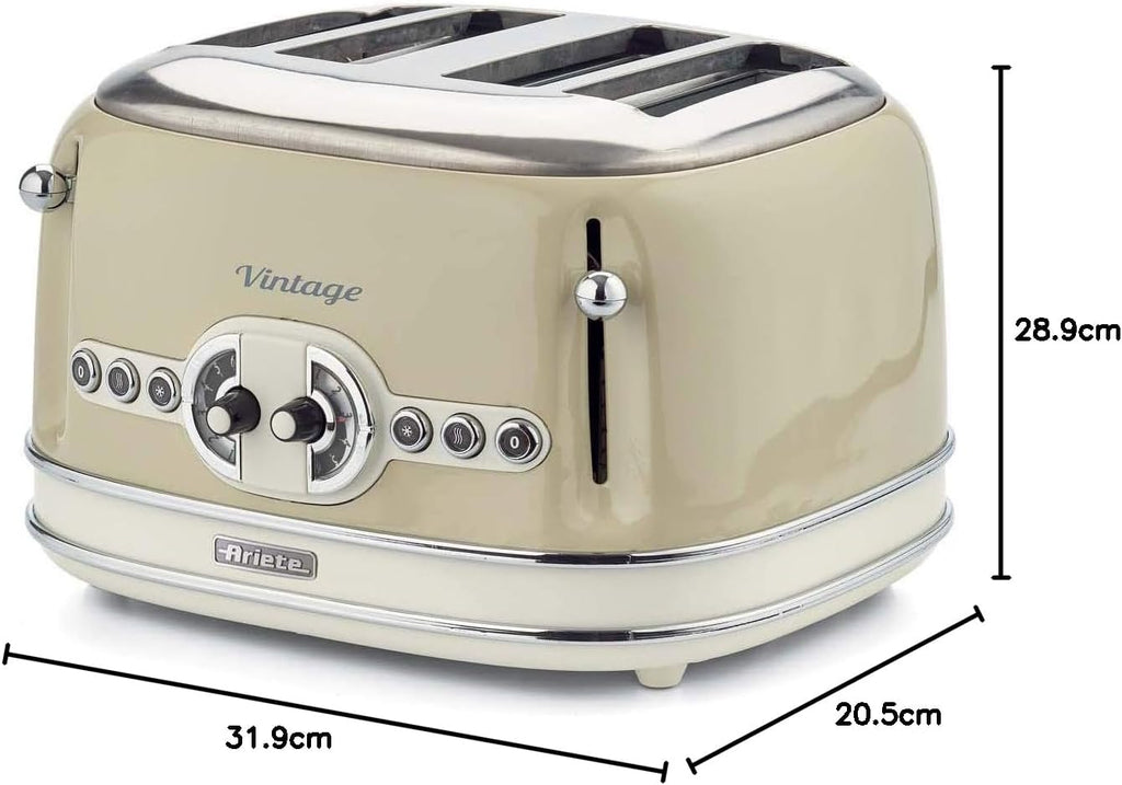 Ariete Vintage 156, 4-Scheiben-Toaster, Retro Toaster mit 6 Toaststufen, Automatischer Auswurf, Auftaufunktion, Herausnehmbares Krümelfach, Gehuse aus Edelstahl, 1600W, Beige