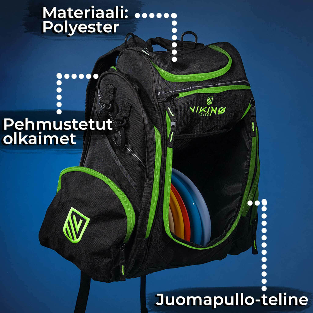 Viking Discs Rucksack Pro, zaino da disc golf, nero/lime