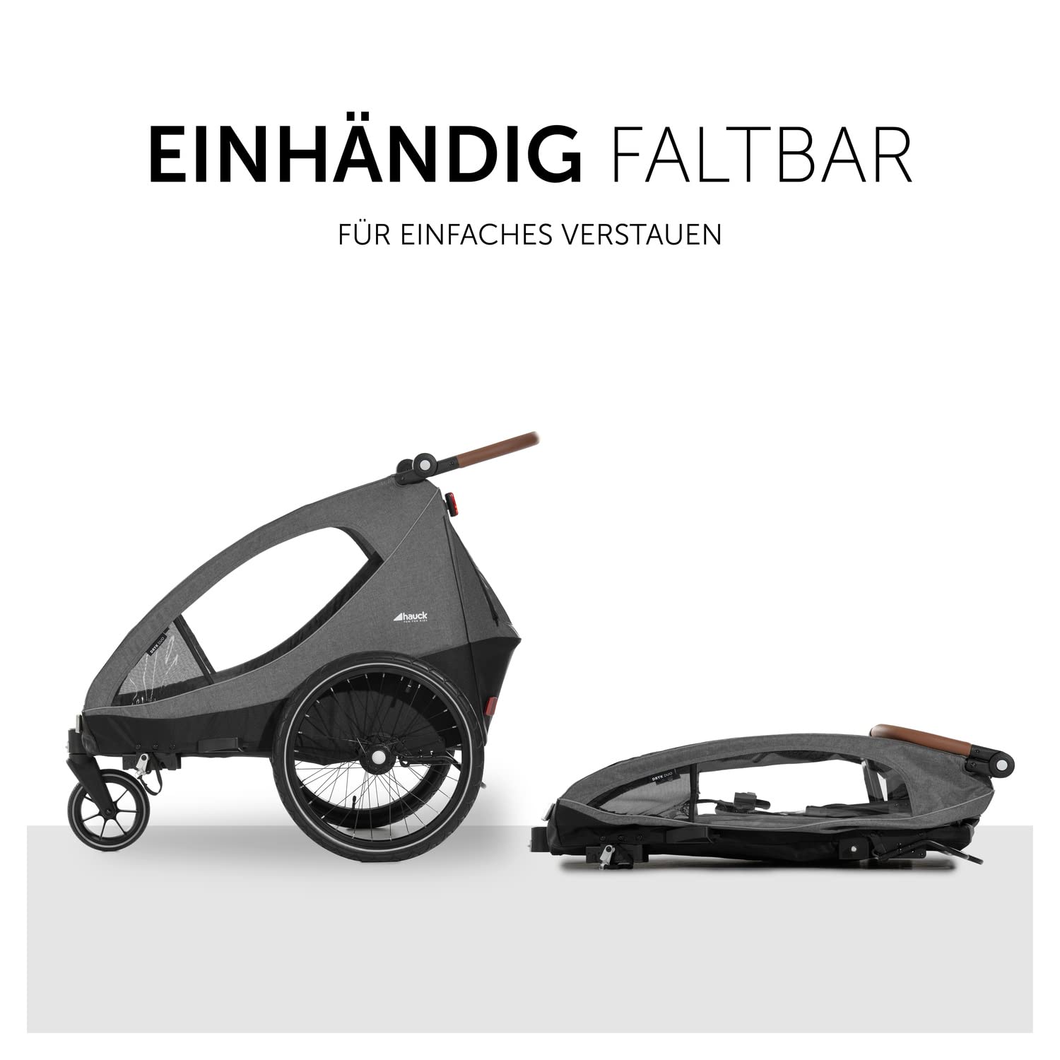 hauck Rimorchio Bici & Passeggino Dryk Duo Plus con Sospensioni, per 2 Bambini (6-48 mesi), incl. Timone, Ruota da Passeggino, Bandierina e Luce LED, Pieghevole, Regolabile in Altezza, Baule XL (Verde Scuro)