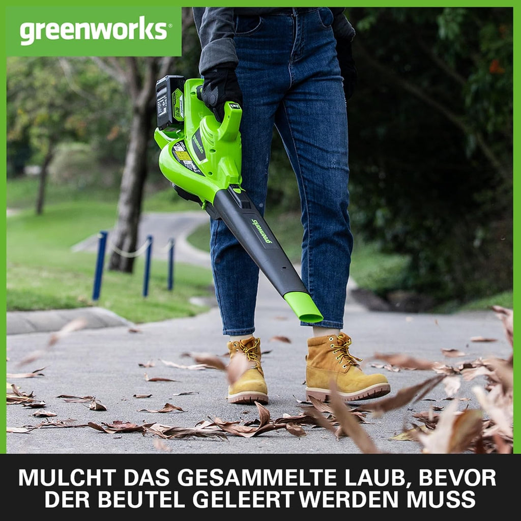 Greenworks 48V (2x24V) Aspiratore/Soffiatore per Foglie a Batteria con Tracolla, Motore Brushless, 322 km/h, 9 m³/min, Sacco di Raccolta da 45L, due Batterie da 4Ah e Caricabatterie, 3 Anni di Garanzia GD24X2BVK4X