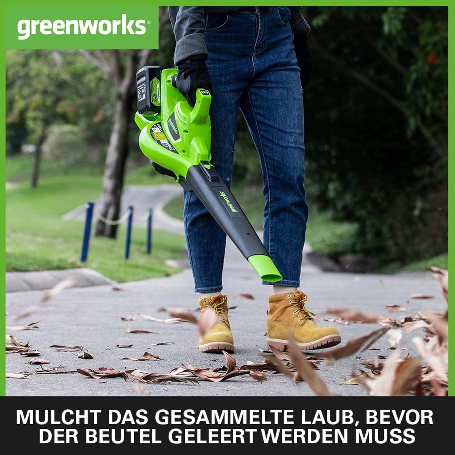 Greenworks 48V (2x24V) Aspiratore/Soffiatore per Foglie a Batteria con Tracolla, Motore Brushless, 322 km/h, 9 m³/min, Sacco di Raccolta da 45L, due Batterie da 4Ah e Caricabatterie, 3 Anni di Garanzia GD24X2BVK4X