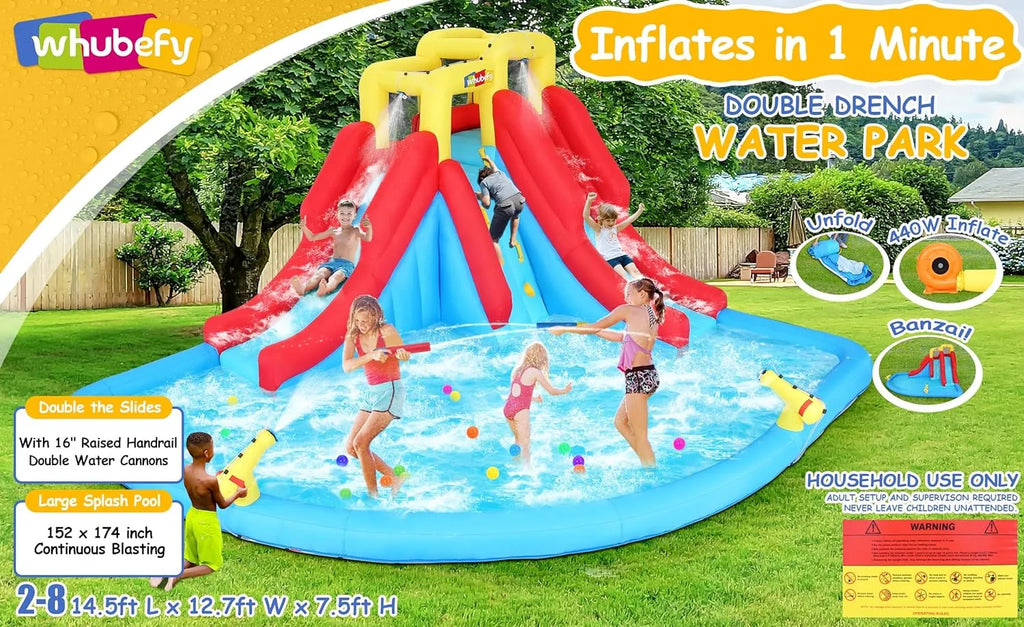 Scivoli d'acqua gonfiabili per bambini, parco acquatico gonfiabile 8-in-1 con soffiatore da 450 W, parete da arrampicata, piscina, 2 cannoni ad acqua, canestro da basket, scivolo ad acqua, irrigatore a coccodrillo come regalo per una festa in giardino