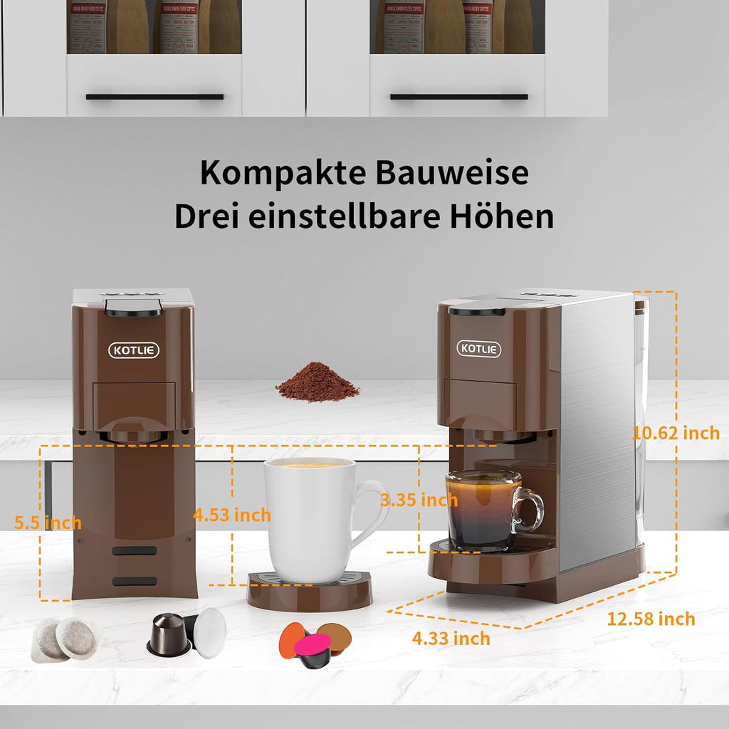 KOTLIE AC-513HF 5 in 1 Kaffeemaschine für NES/DG/a modo mio/Gemahlener Kaffee/ESE(44mm), Höhe für große Tassen (Schwarz)