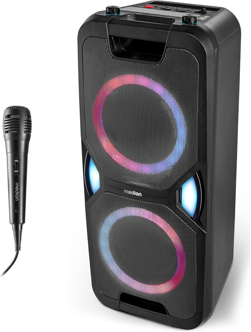 MEDION P61468 Party-Soundsystem (Altoparlante da festa con microfono, Karaoke, Batteria, Radio FM, Bluetooth 5.0, Sistema compatto, 2x 220 Watt, LED colorati, USB, AUX, 2x connettori per microfono)